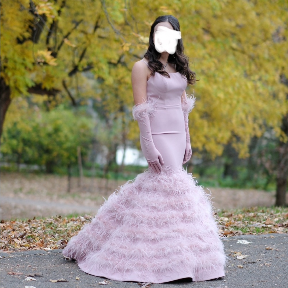 Portia and Scarlett Pink Feathered Prom Dress